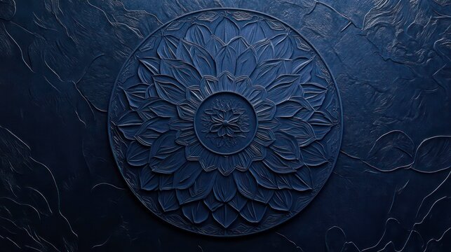 Intricate dark blue floral mandala carving on textured surface.