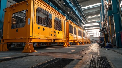 Obraz premium Industrial Factory Interior Yellow Machinery Geometric Structures Metal Engineering