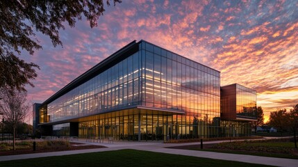 Fototapeta premium A stunning sunset sky casting a warm glow on the glass facade of a modern building, highlighting its elegance.
