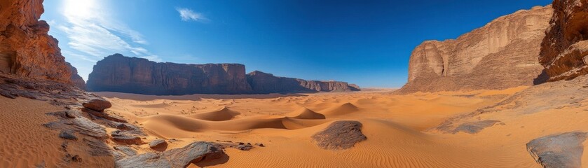 Naklejka premium A vast desert landscape with golden sands, rocky cliffs, and a clear blue sky, showcasing a serene, arid environment.