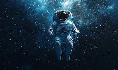 Fototapeta premium Pixel Art Astronaut Floating in Starry Dark Blue Space