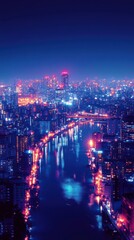Fototapeta premium A vibrant city skyline at night, showcasing illuminated buildings and a winding river reflecting colorful lights.