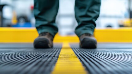 Fototapeta premium Worker Standing on Yellow Line in Industrial Setting