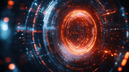Fototapeta premium Abstract glowing orange and blue circular technology tunnel.