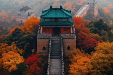 Obraz premium Colorful autumn landscape featuring ancient architecture in a mountainous area