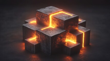 Glow of Molten Rock Emanates From a Geometric Stone Sculpture Illuminated in a Dark Environment