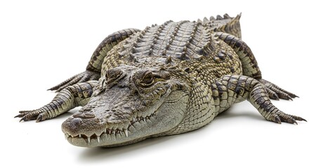 Naklejka premium Powerful Spectacle Close Up of a Young Crocodile on White Background