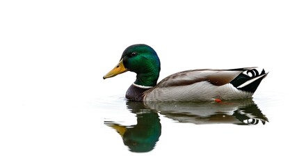 Obraz premium Male Mallard Duck Swimming on Calm Water Isolated White Background Wildlife Photography
