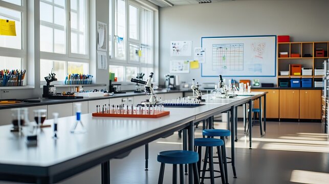 Bright and clean science lab classroom featuring counters with stools, microscopes, and a periodic table on a whiteboard.