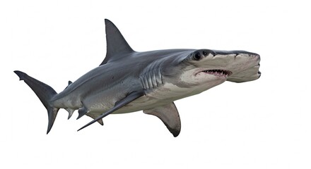Fototapeta premium Powerful Great Hammerhead Shark Swimming Underwater Isolated on White Background