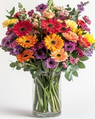 A vibrant bouquet of colorful flowers in a clear glass vase, showcasing various blossoms and lush green foliage.