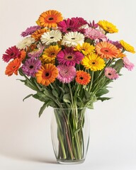 Obraz premium A vibrant bouquet of multicolored gerbera daisies in a clear vase, showcasing a cheerful assortment of flowers against a neutral background.