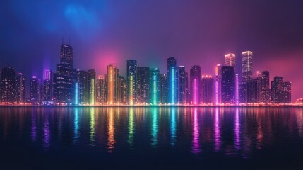 Fototapeta premium City skyscrapers lit up in pride rainbow hues, reflecting inclusivity and diversity under a serene night sky.
