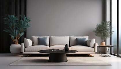 Fototapeta premium A minimalist living room featuring a cream sofa dark coffee table and potted plants