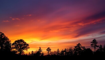 Fototapeta premium Vibrant sunset with silhouetted trees and dramatic sky colors