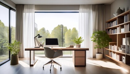 Fototapeta premium A serene home office bathed in natural light overlooking a tranquil wooded landscape
