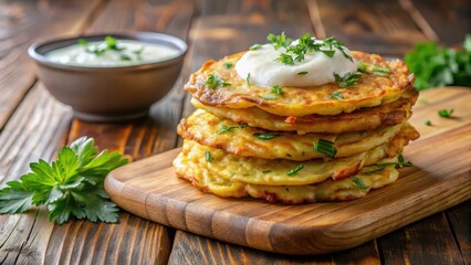 Golden brown potato pancakes with yogurt sauce and herbs on a wooden board, crispy exterior