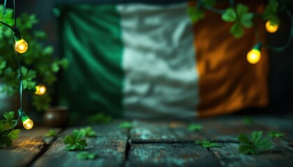 Irish theme with clover leaves and lights against flag on rustic wooden surface