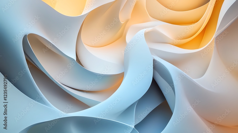 Poster fluid shapes and gentle colors create an abstract composition of soft curves and waves in a serene e