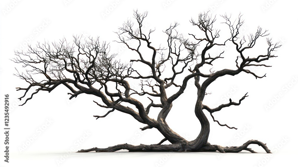 Poster isolated image of a large, leafless, gnarled tree with sprawling branches against a white background