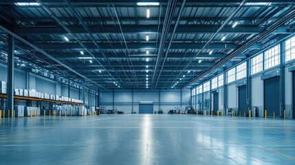 Digital interface over a clean, modern warehouse, highlighting smart inventory tracking and logistics systems.