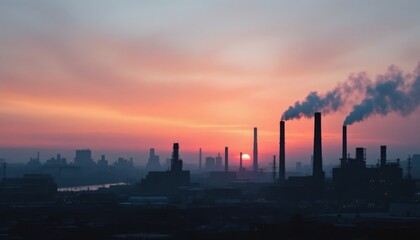 Obraz premium Industrial skyline sunset with smokestacks and pollution silhouette