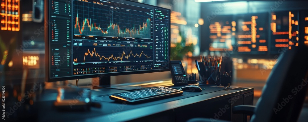 Poster a modern workspace featuring a sleek computer monitor displaying vibrant financial data and graphs, 