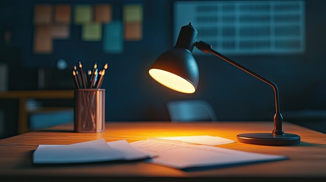 Evening classroom scene with a soft glow from a desk lamp illuminating papers on the teacher's desk, creating a cozy atmosphere.