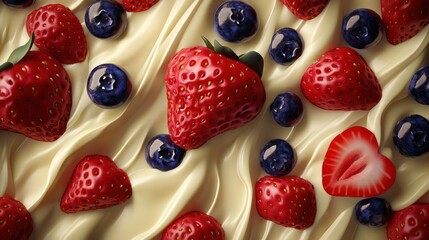 Obraz premium Strawberries, blueberries, cream swirls; delicious dessert