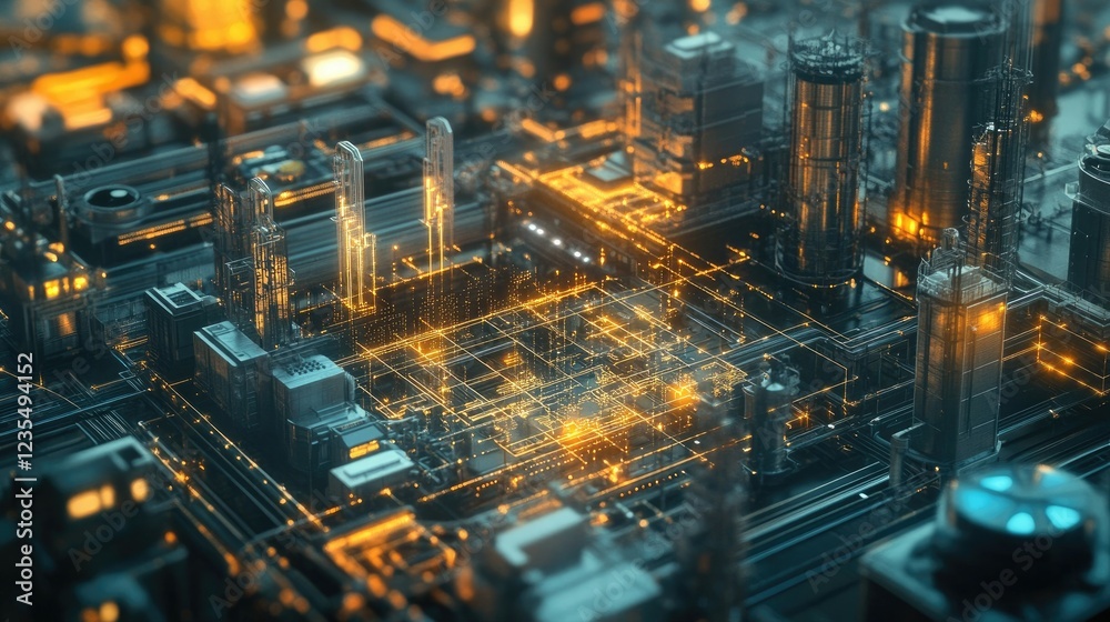 Poster futuristic concept of iot-enabled factory with devices linked through a digital isometric network ov