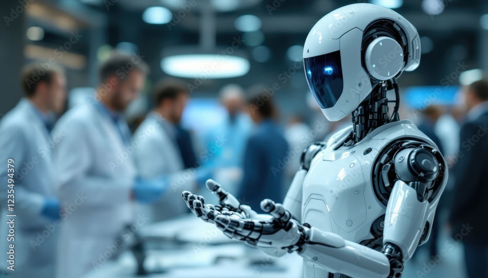 Poster advanced humanoid robot in a high-tech lab with scientists in the background