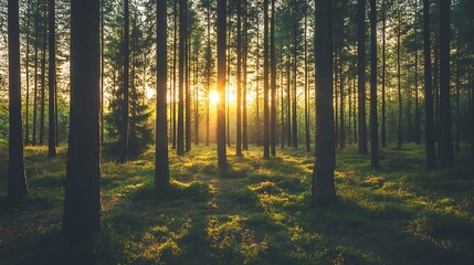 Obraz premium Sunset Illuminates Dense Forest Trees and Undergrowth