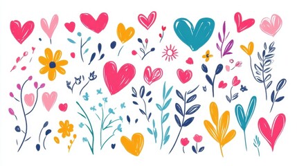 A vibrant array of illustrated flowers and hearts in various colors, perfect for conveying love and positivity.