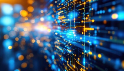 Abstract digital circuitry with glowing blue and orange lights