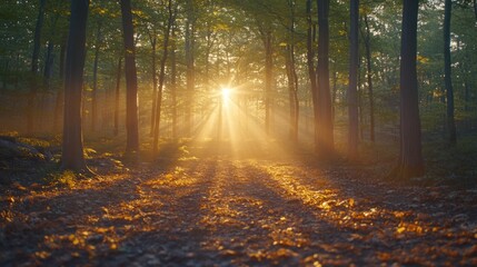 Obraz premium Sunbeams piercing misty forest at sunrise.
