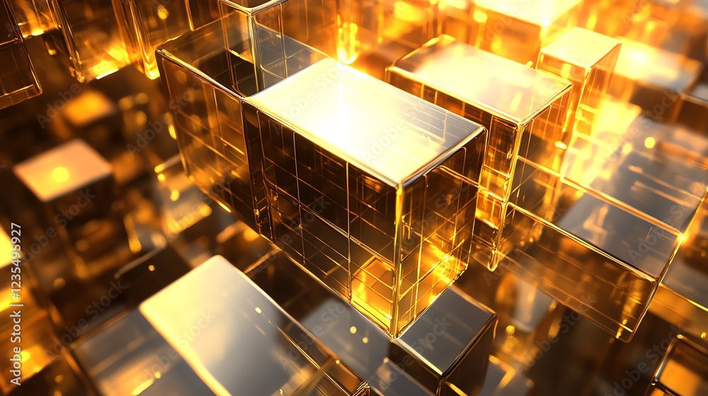 Poster golden translucent cubes create a mesmerizing geometric pattern with light reflections in a digital 