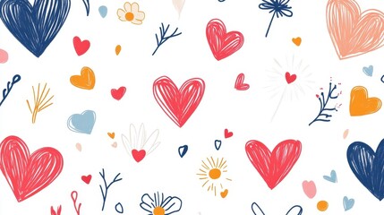 A playful pattern of colorful hearts and flowers against a white background, evoking feelings of love and joy.