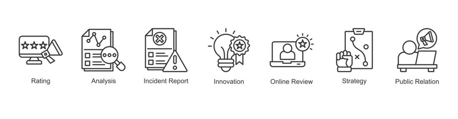 Reporting Verification Icon Rating, Strategy, Online Review, Public Relation, Analysis, Incident Report, Innovation
