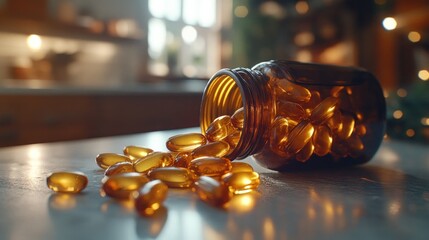 Amber capsules spilled from bottle on table.