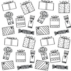 Present boxes doodle seamless pattern in black ink 