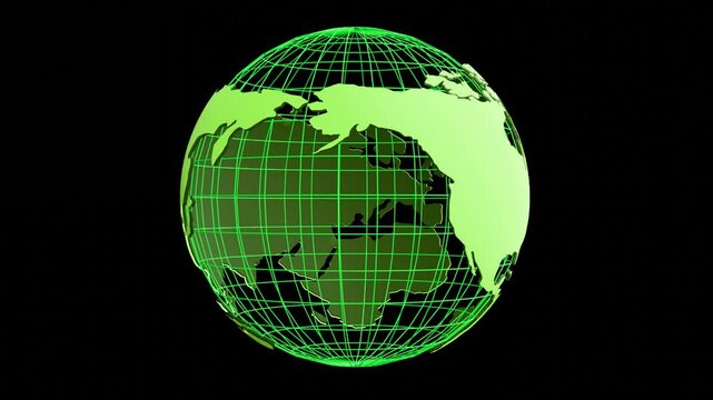 A simple rotating green neon wireframe globe with 3D world map created by procedural geometric 3D modeling seamless looping cartography animation.