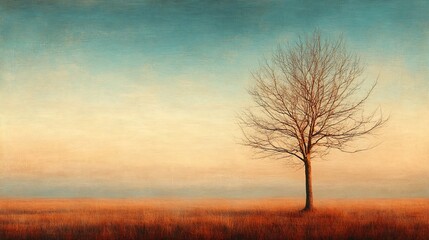 Fototapeta premium Serene autumn landscape featuring a solitary bare tree softly lit by warm sunset hues. AI Generated