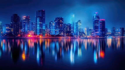 Fototapeta premium Stunning night view of London skyline with reflections of the lights on the River Thames, highlighting modern architecture.