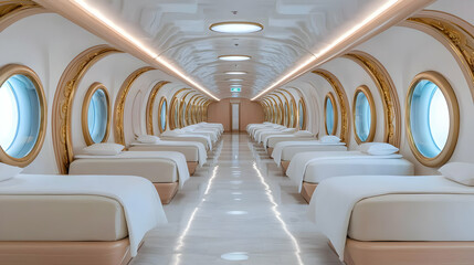 Fototapeta premium Rows of neat beds line the interior corridor of a futuristic submarine cabin with round porthole windows.