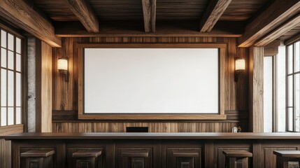 Stylish kitchen interior with minimalist decor, wooden accents, and a spacious blank white wall for design presentations.