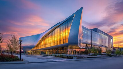 Fototapeta premium Urban beauty at sunset as golden light reflects off a sleek modern building with sharp architectural lines.