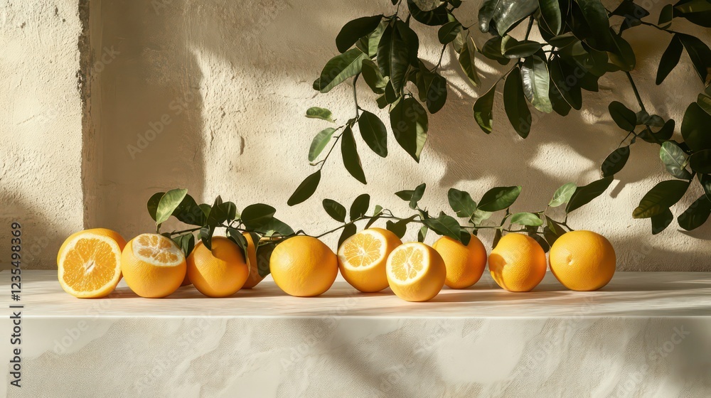 Poster ripe oranges and leaves on a table in sunlight.