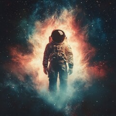 Astronaut Stands Amidst Cosmic Nebula Space Dust Stars