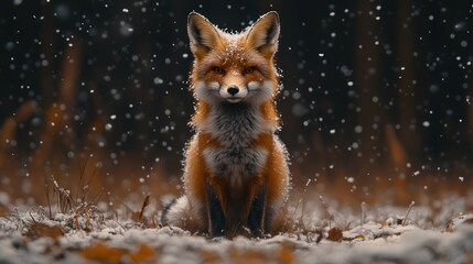 Fototapeta premium Red fox sitting in snowy forest.