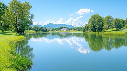 Fototapeta premium Calm lake reflects lush green trees and distant mountains under a bright blue sky.